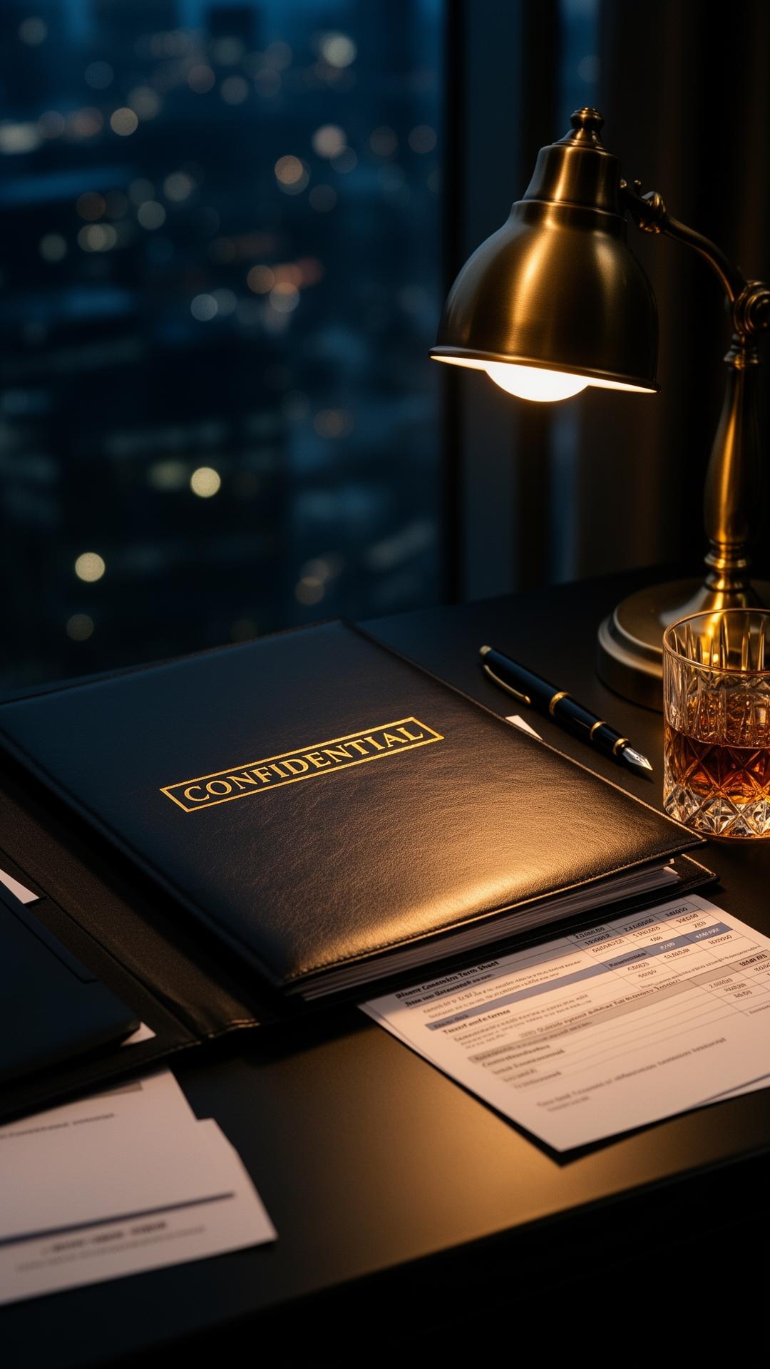 Executive deal documents on a dark desk